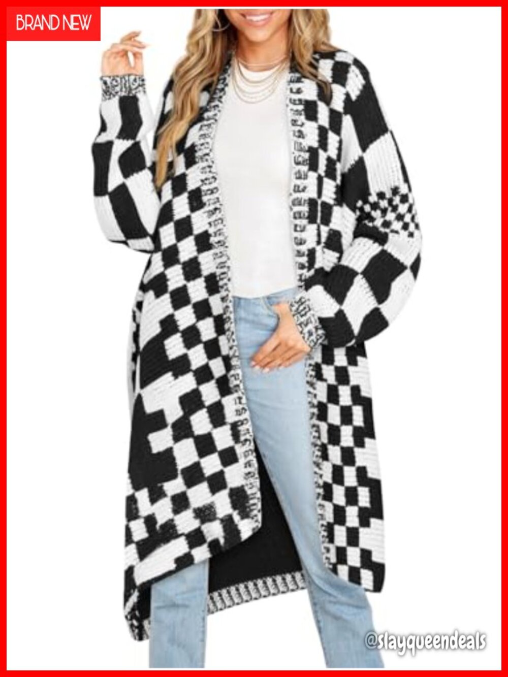Womens Checkered Long Cardigan Chunky Oversized Open Front Batwing Sleeve Knit